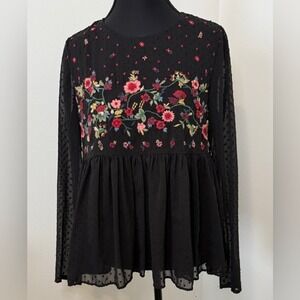 Zara Black Dot Blouse with Floral Embroidery